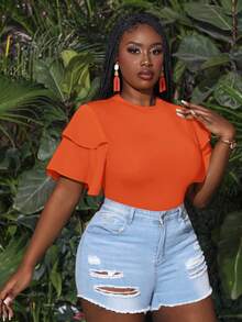 Slaydiva Plus Size Summer Holiday Multilayer Ruffle Sleeve Bodycon Bodysuit Bodysuits For Women Pluswhite Bodysuitplus Size Bodysuit - Orange - View 4