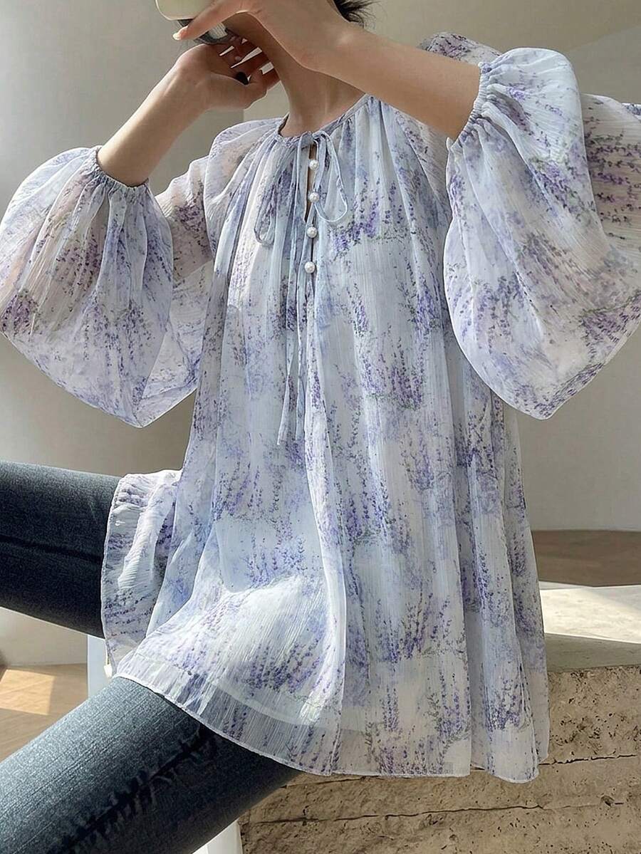 Veilorie Blusa elegante da donna con maniche a lanterna e laccio frontale, autunnale - Multicolore - Visualizzare 1