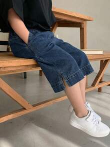 Dazy Kids 少女松紧腰带口袋休闲百搭日常牛仔短裤夏季 - 深色水洗藍 - 查看 3