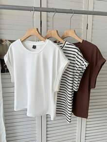 SHEIN LUNE Bộ 3 món áo thun ngắn tay cổ tròn vai rớt dáng dài in họa tiết da báo màu nâu trắng tối giản dành cho nữ, thích hợp cho mùa xuân và mùa hè. - Nhiều màu - Xem 5
