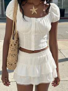 SHEIN EZwear 白色梭织女式单排扣插肩休闲衬衫和迷你裙套装 - 白色 - 查看 2