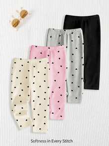 SHEIN Playful Pals 4件套女婴纯色弹力腰带打底裤/长裤/紧身裤，婴儿下装套装，可爱爱心印花设计，百搭甜美，春夏装扮，舒适透气，时尚女童套装，休闲穿着，儿童花卉图案服装，春夏套装，新款，清凉舒适，春日气息，暑假必备 - 彩色 - 查看 2