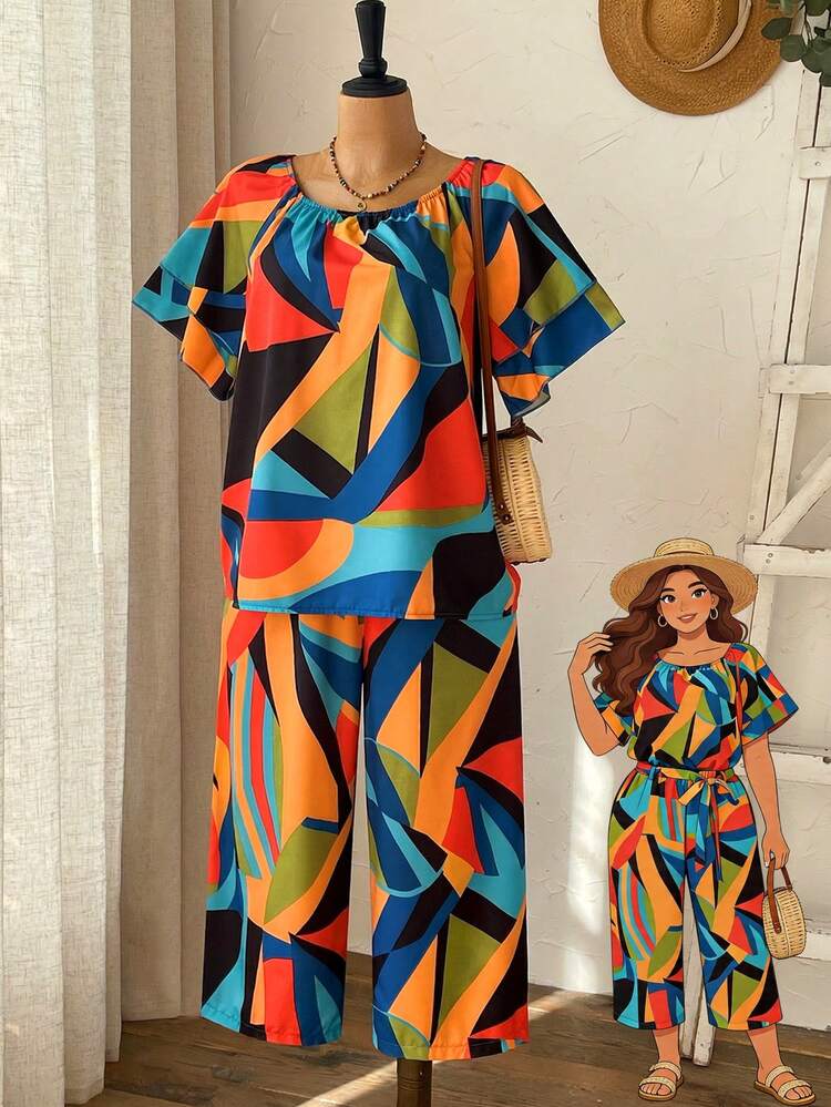 2pc Set Plus Size Women's Summer Casual Vacation Country Geometric Print Shirt And Pants 2 Pieces Set,Casual Holiday Style,Summer Outfits For Women ,Vacation Outfits Women ,Holiday Outfits For Women,Going Out Outfits, New Clothes,Simple And Fashionable For Everyday Wear,Suitable For Summer, Vacation, Daily Wear, Festival Outfits For Women,Country Concert Outfit,Beach Outfits For Women,Western Style,,Gifts For Mother,Boho Set,Modest Two Piece Set, Plus Size Summer Sets,Plus Size Pants Set,Boho Set,Boho Pants Set For Women,Wide Leg Pants Set,2 Piece Casual Sets Woman,Two Piece Set Women