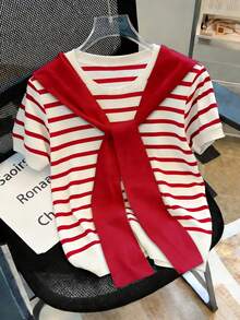 INAWLY Plus Size Women's Summer 2000's School Striped Print Textured T-Shirt Scarf 2-Piece Set,French Retro Casual Contrast Color Red Gym - Red and White - View 1