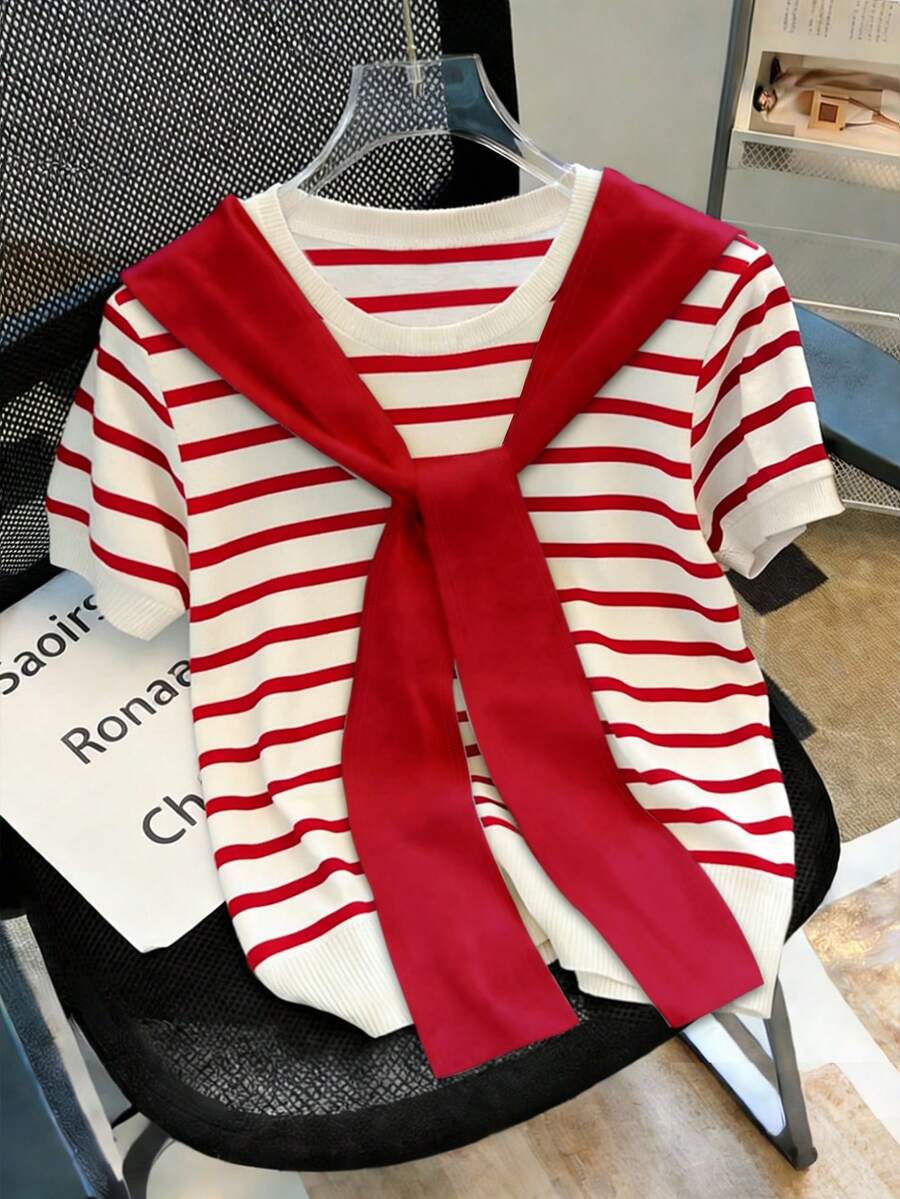 INAWLY Plus Size Women's Summer 2000's School Striped Print Textured T-Shirt Scarf 2-Piece Set,French Retro Casual Contrast Color Red Gym - Red and White - View 1