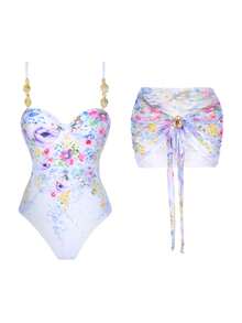 Swim Oasis 女士高级连体泳衣，优雅花卉图案印花设计，金属饰边装饰，精致连体泳衣 - 彩色 - 查看 7