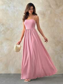 SHEIN Pastel Pink Ruched Bust Maxi Dress – Strappy, Flowy Silhouette, Elegant Summer Dress For Women - Pink - View 7