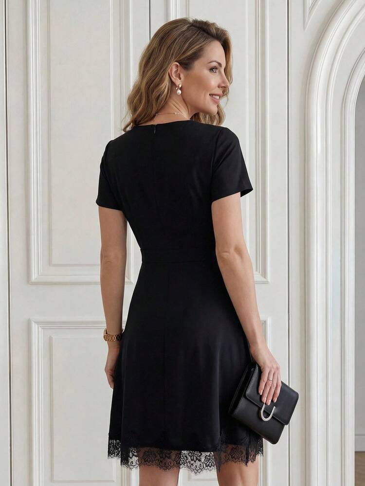 Women's Elegant Chic Minimalist Solid Color Button Decor Waist Splicing Lace Mini Dress, Summer,Summer Dresses For Women,Festival Outfits For Women,Mother's Day ,Party Dress,Elegant Dresses For Women,Black Dress