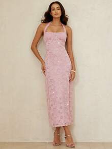 BELROSIE Pink Floral Summer Flower Power Birthday Party Holiday Cutout Embroidered 3D Flower Beaded Ruched Bust Halter Backless Fitted Mermaid Dress,Elegant - Pink - View 5