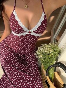 Sunnyshic Đầm dài nữ thanh lịch, thoải mái, đa năng, thích hợp cho kỳ nghỉ, họa tiết hoa ren phối hợp, hở lưng, cổ yếm, thắt nơ, thích hợp cho mùa xuân/hè. - Đỏ - Xem 7