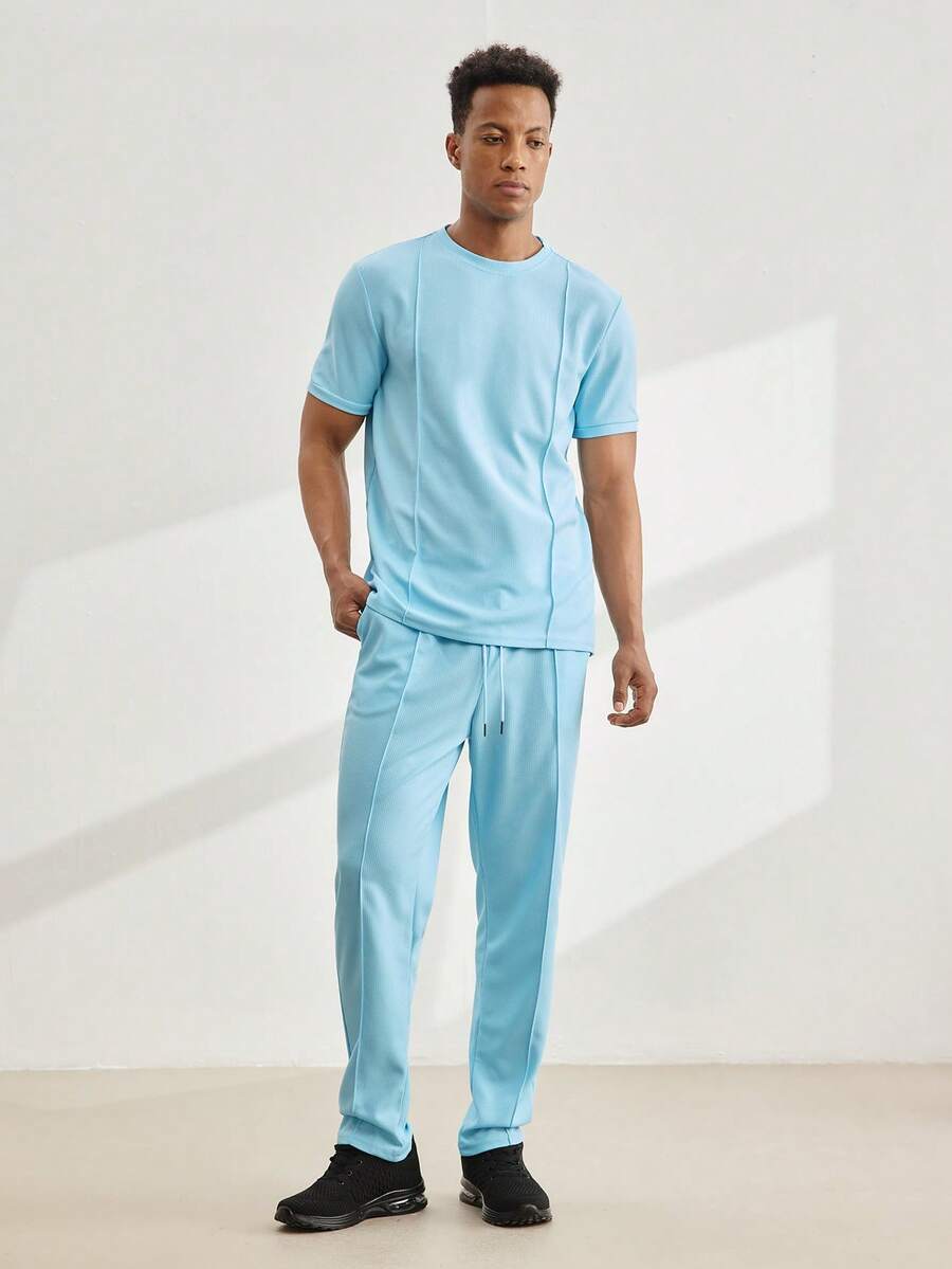 Driftmere Conjunto casual de verano de dos piezas para hombre, unicolor, cuello redondo, manga corta, chándal de verano azul bebé, conjunto coordinado para hombre, guía de regalos para el Día del Padre - Celeste - Ver 1