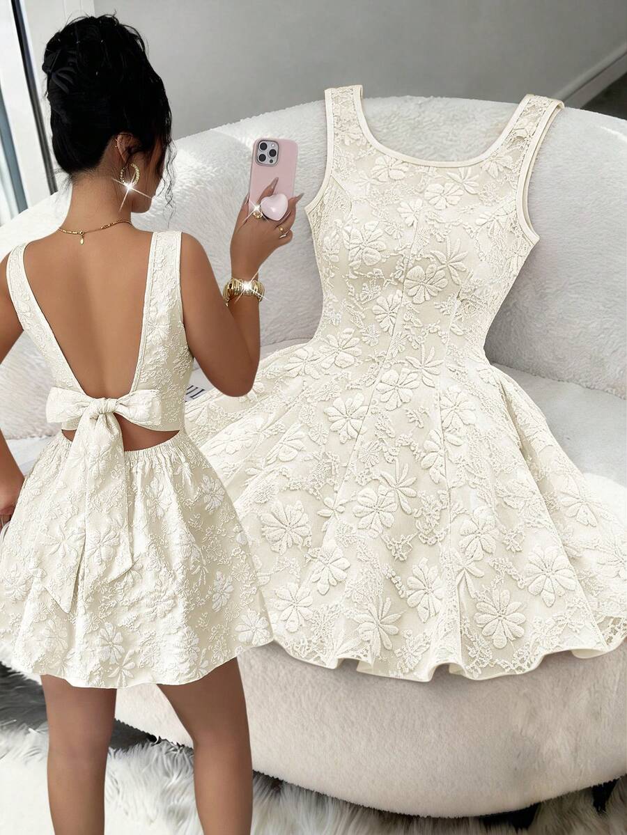 Elenzga Women's Floral Jacquard Square Neck Backless Sleeveless Fashion Dress - Apricot - View 1