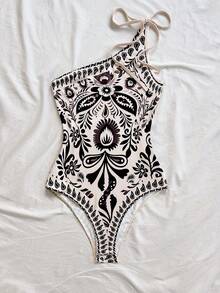 SHEIN WYWH Body de mujer con estampado total y cuello asimétrico sin mangas - Multicolor - Ver 5