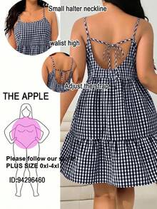 Solflare Navy Plaid Plus Size Women Sleeveless Dress - Navy Blue - View 1