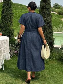 Dazy Plus Plus Size Women's Collared Cinched Waist Short Sleeve Denim Maxi Dress, Washed Deep Blue, Spring/Summer, Casual/Resort Style - Dark Wash - View 6