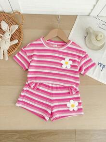 LMoss Kids Bộ 2 món áo thun cổ tròn kẻ sọc dệt kim cho bé gái và quần short - Nhiều màu - Xem 3