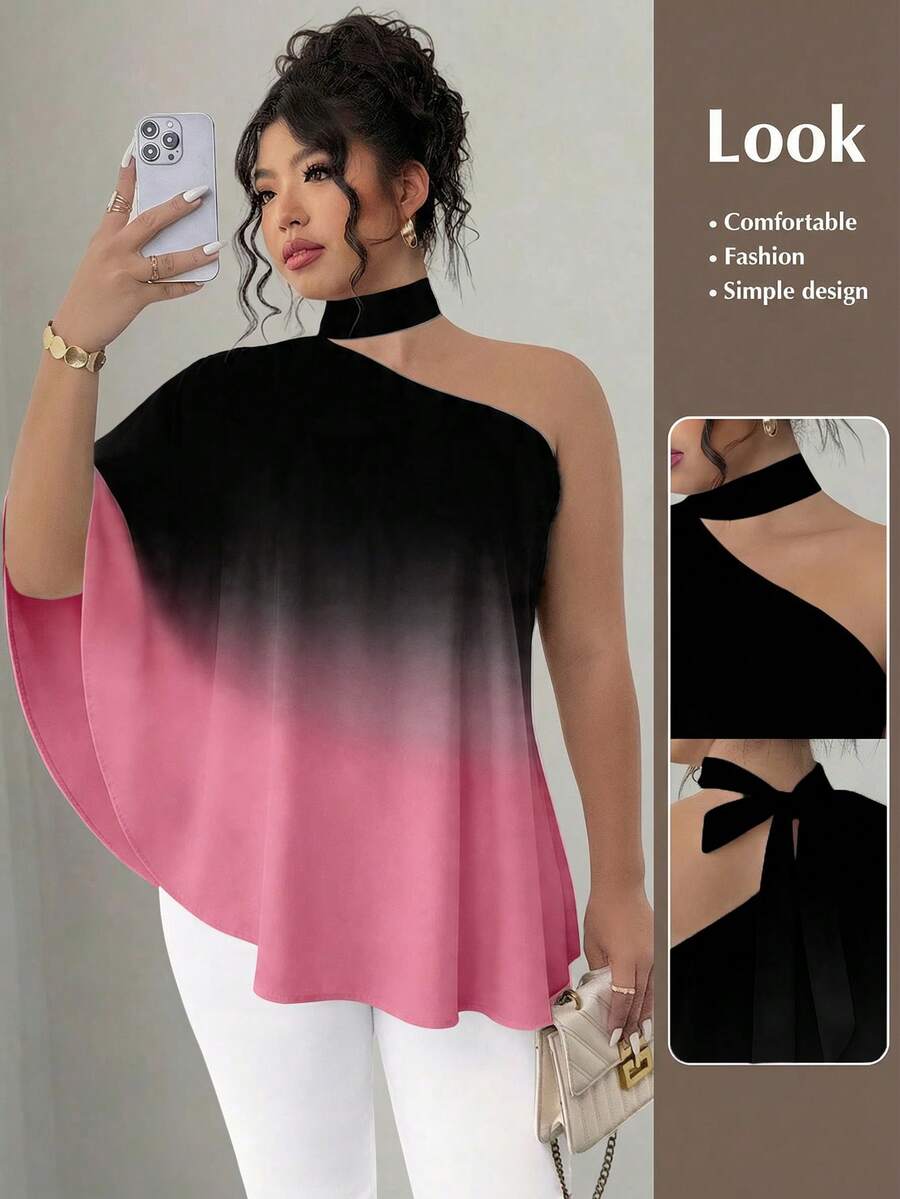 Elenzga Plus Size Contrast Color Ombre Tie Shoulder Asymmetrical Hem Blouse - Multicolor - View 1