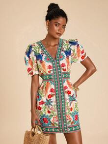 SHEIN TRVLCHIC 热带印花度假风V领短袖夏季连衣裙 - 彩色 - 查看 4