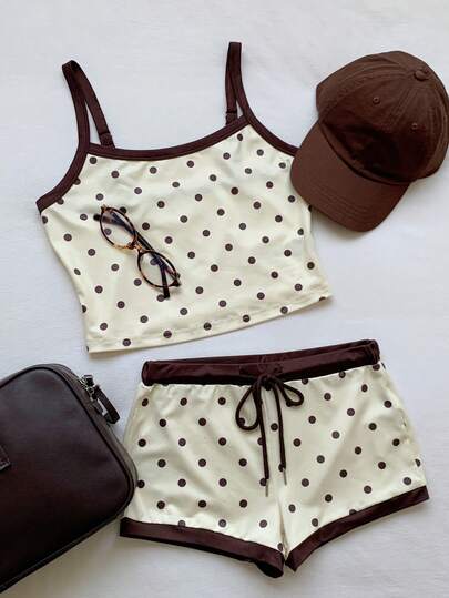 Comfortcana 女士夏季沙滩度假波点印花饰边露脐吊带背心和短裤套装