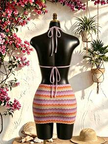 SaltGleam SaltGleam Vestido mini de mujer con diseño hueco a rayas de ola para vacaciones - Multicolor - Ver 2
