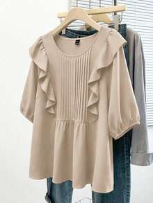 GlowEve CURVE Plus Size Solid Color Round Neck Long Sleeve Ruffle Hem Blouse - Apricot - View 3