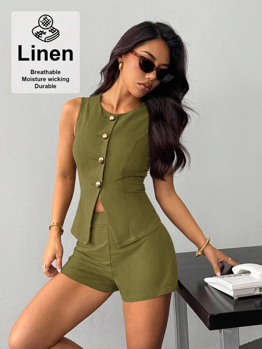 SHEIN PETITE Bộ vest nữ, thanh lịch và thoải mái. - xanh quân đội - Xem 1