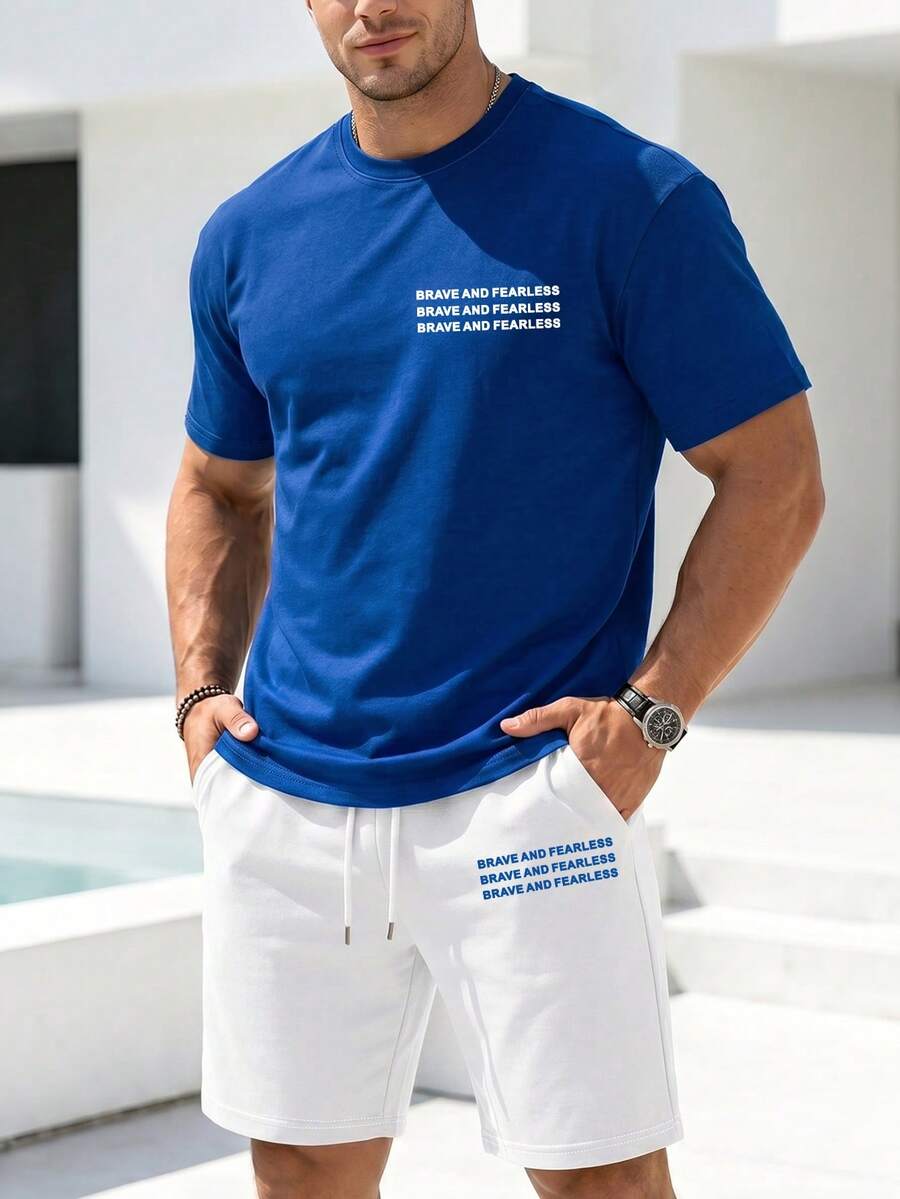 Manfinity Homme 男士休闲印花短袖T恤套装，夏季 - 彩色 - 查看 1