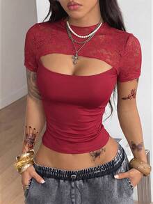 Coolane 女士春夏街头风休闲优雅约会之夜复古Y2K蕾丝二合一弹力黑色修身短袖T恤 - 紅色 - 查看 5