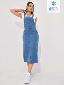 SHEIN Tall Đầm yếm denim nữ kiểu dáng thường ngày, đa năng, màu xanh nhạt - Rửa nhẹ - Xem 6