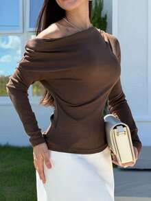 Yohana Edit Women's Elegant & Sexy Casual Sweater, Wool Blend Fabric,Spring,Brown Top,Solid Color T-Shirt - Coffee Brown - View 4