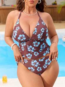 Swim Mod Plus Size Floral Print Tankini Swimwear Set - Brown - View 4