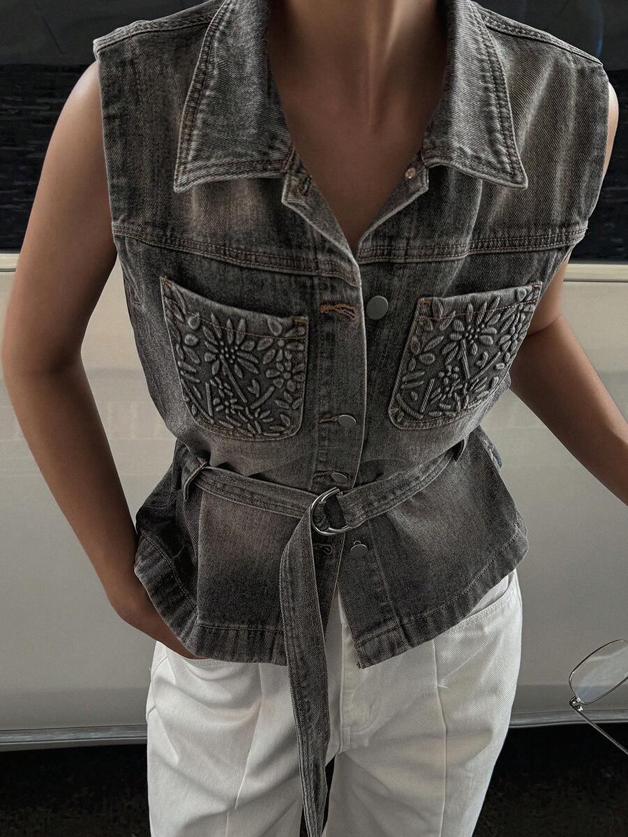 Livesso Áo khoác gile denim nữ một hàng cúc có túi, kiểu dáng thường ngày. - Màu xanh lam - Xem 1
