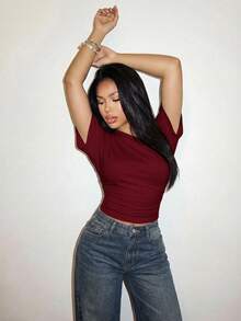 Slaydiva 春夏度假海滨优雅浪漫性感派对约会生日派对休闲优雅露肩宽松腰部褶皱白色T恤上衣 - A - 酒紅色 - 查看 6