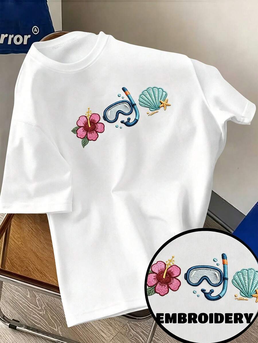 Manfinity Joysei 夏季潜水元素芙蓉贝壳刺绣休闲短袖T恤，度假风圆领宽松半袖设计，男女皆宜的休闲上衣，男女图案T恤，女士休闲衬衫，男士夏季外出衬衫 - 彩色 - 查看 1