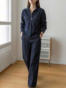 Dazy-Less Conjunto de top casual y jeans para mujer - Azul - Ver 3