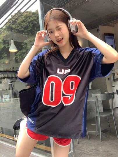 DAZY 女士V领休闲短袖字母街头风韩版T恤