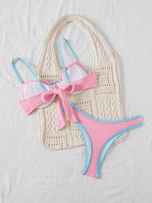 Swim Basics 女士夏季沙滩撞色系带性感比基尼泳装套装 - 粉色 - 查看 2