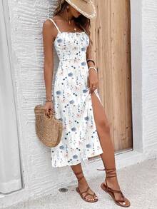 SHEIN Frenchy Đầm midi nữ in hoa, thiết kế xếp ly, xẻ tà, thích hợp cho kỳ nghỉ. - Nhiều màu - Xem 6
