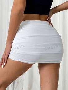 SHEIN EZwear Fashionable Sexy Solid Color Pleated Ultra-Low Waist Women Skirt White Skirt Mini Skirt Tight Skirt Ruched Skirt Skirt For Women - White - View 2
