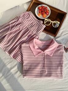 Comfortcana Conjunto de 2 piezas de camiseta de manga corta a rayas y minifalda casual y colorida, para primavera/verano - Multicolor - Ver 6