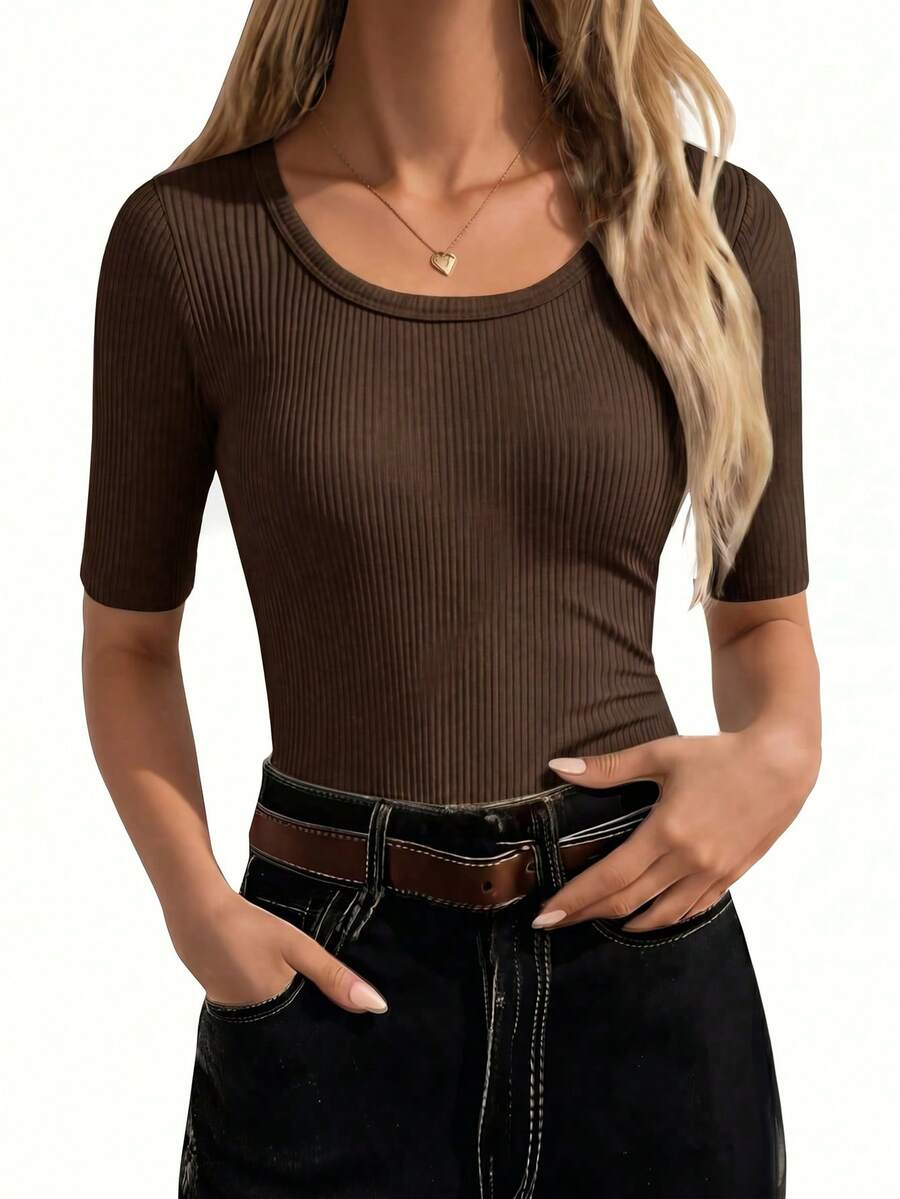EMERY ROSE Women's Solid Color Round Neck Short Sleeve Fitted Ribbed Casual T-Shirt - Brown - View 1