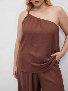 Maija Plus Size Brown Summer Casual Business Vacation Linen 2 Piece Set For Women, Sleeveless One Shoulder Top And Wide Leg Pants Outfits Gym - Rust Brown - View 4