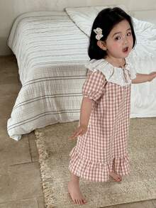Áo ngủ bé gái dễ thương kiểu dáng thường ngày, họa tiết kẻ caro, tay áo cánh hoa, thích hợp cho mùa hè. - Hồng - Xem 4
