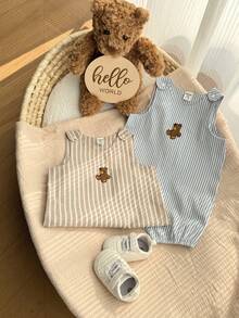2pcs/Set Newborn Baby Boys Cute Poplin Solid Color Vest & Overall, Summer - Multicolor - View 7