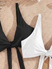 Swim Vcay Plus Size Women 2pcs Solid Color Front Twist Tankini Swimwear - Multicolor - View 3
