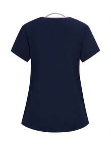 TaskEZ Solid Color Patchwork V-Neck Short Sleeve Top And Pants Scrub Uniform Set - Navy Blue - View 4