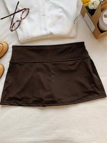 SHEIN EZwear Women's Casual Solid Color Skort, Minimalist Versatile For Daily Commute, Summer - Chocolate Brown - View 5