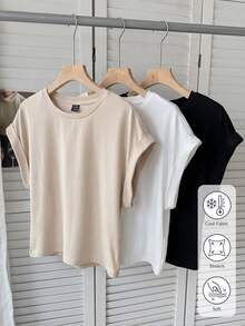 SHEIN LUNE 女士休闲纯色基础款三件套，宽肩吊带背心，短款特殊面料短袖T恤，轻松优雅通勤装，春夏款 - 彩色 - 查看 1