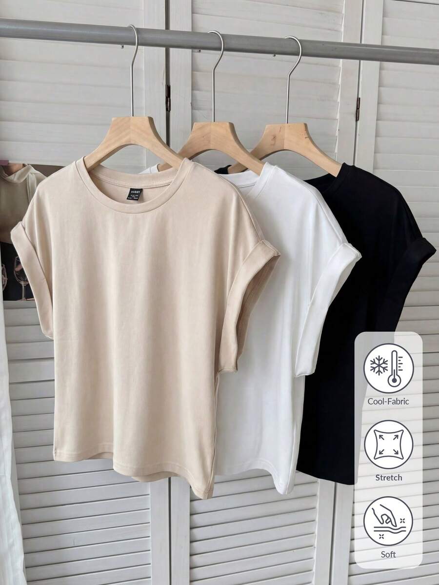 SHEIN LUNE 女士休闲纯色基础款三件套，宽肩吊带背心，短款特殊面料短袖T恤，轻松优雅通勤装，春夏款 - 彩色 - 查看 1