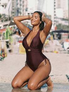 Swim Vcay Traje de baño de una pieza de vacaciones casual y de moda para tallas grandes - Marrón - Ver 4